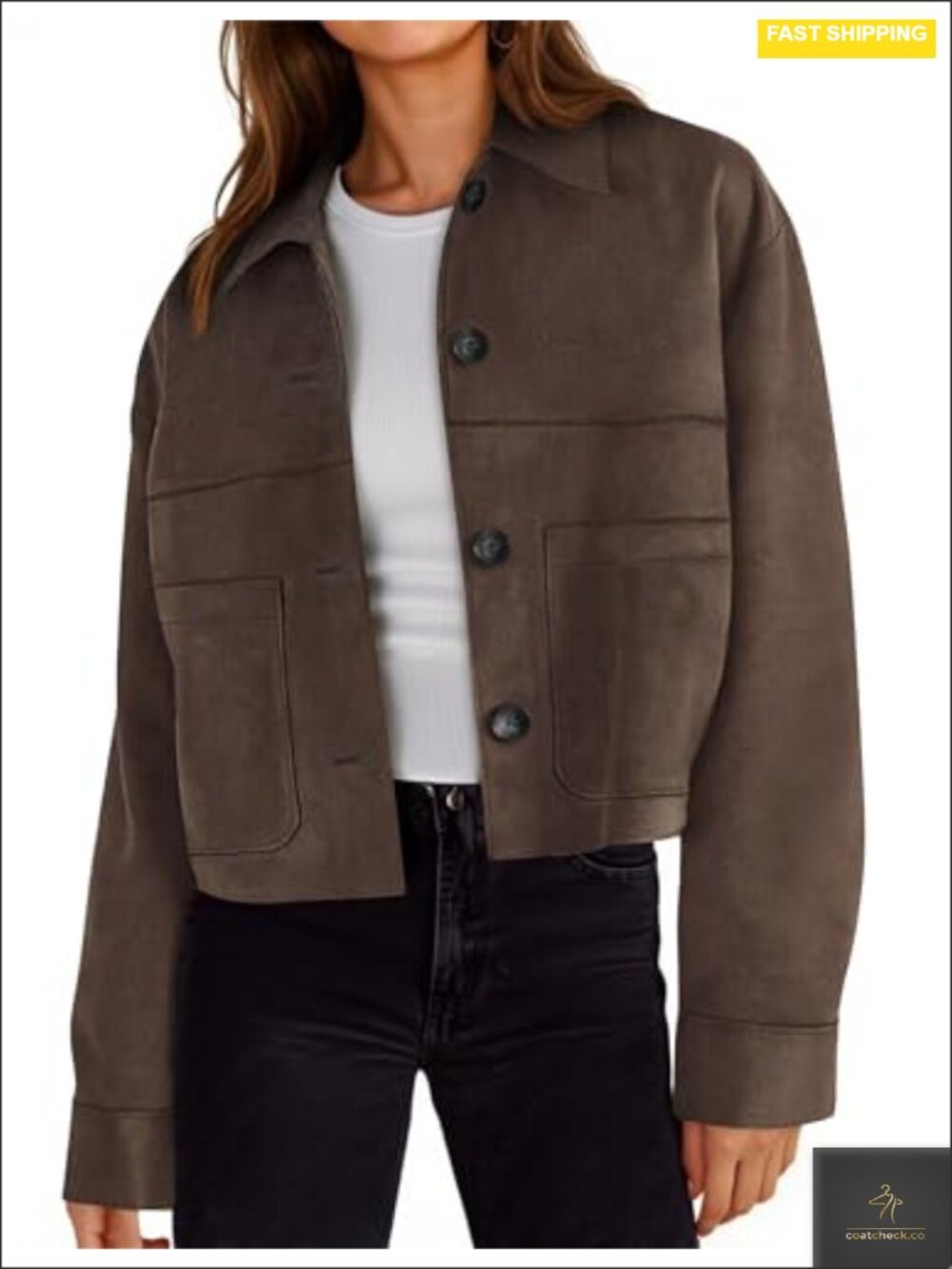 Cropped Faux Suede Leather Jacket with Lapel Collar for Women